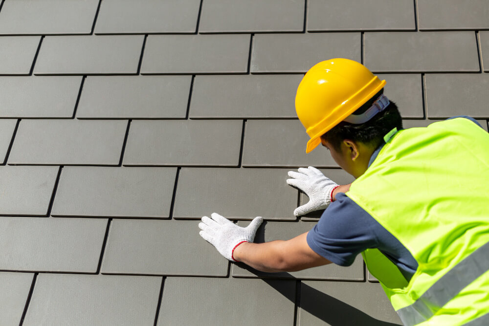 Scaffolded tiled roof during repair works