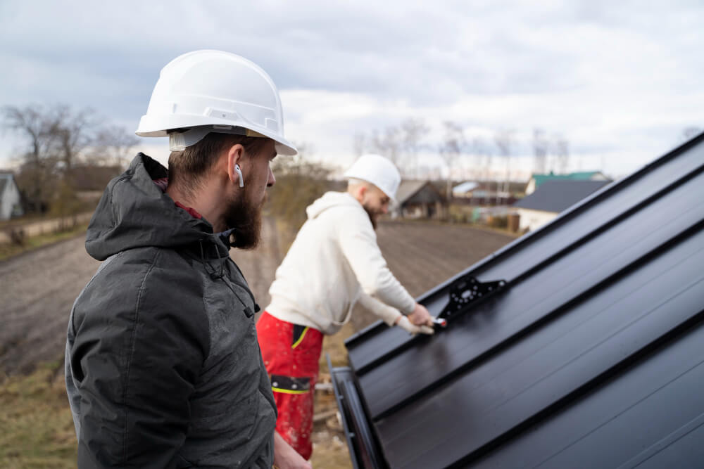 Long Eaton Roofers team fitting a standing-seam metal roof